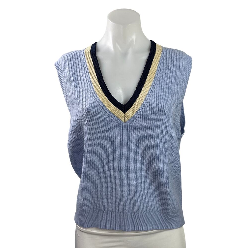 MNG Mango Women's Blue Sleeveless Deep V Neck Knit Vest Tank Sweater Top Size M
